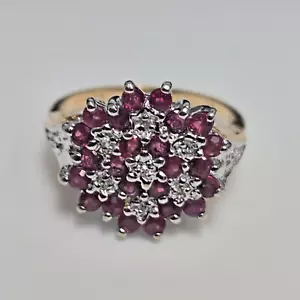 9ct Yellow Gold Ring Ruby and Diamonds Cluster Setting Hallmarked ring Size N - Picture 1 of 6