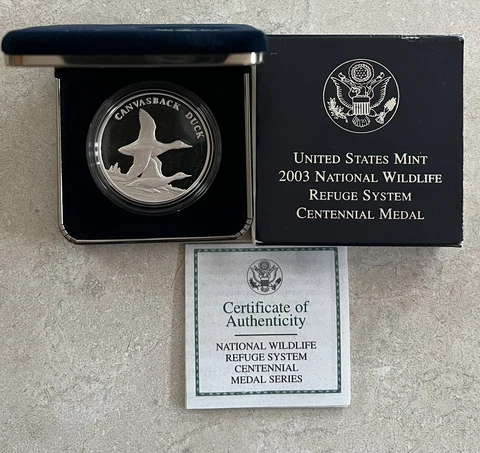 2003 National Wildlife Refuge System  Canvasback Duck Proof Medal Box and COA Cover