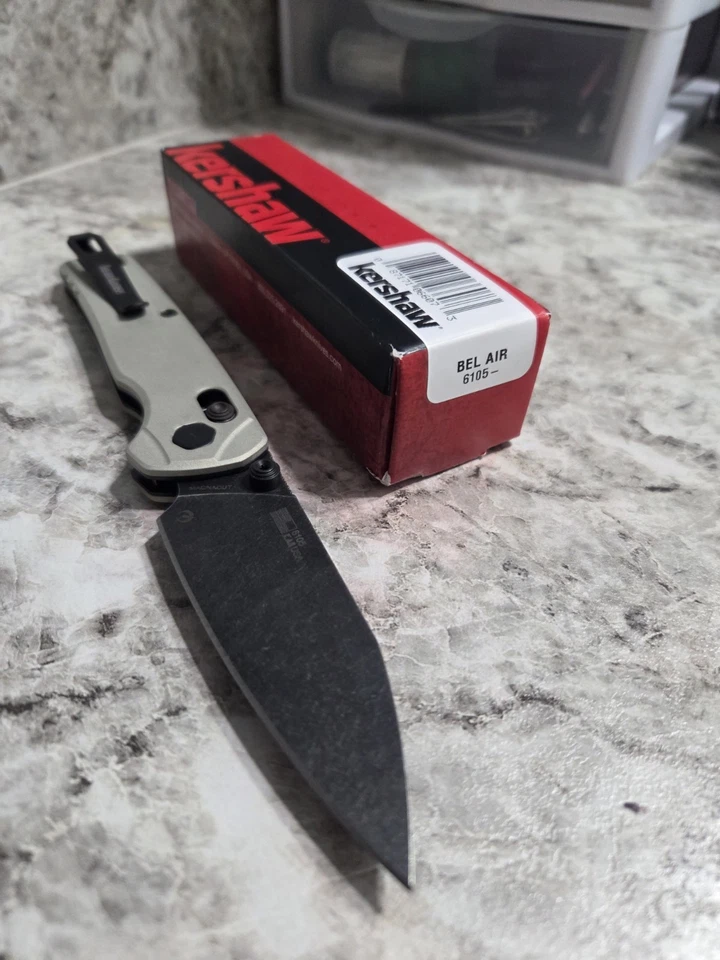 Kershaw Bel Air Bright Nickel 3.1 Inch Plain Blackwash Reverse Tanto KS6105