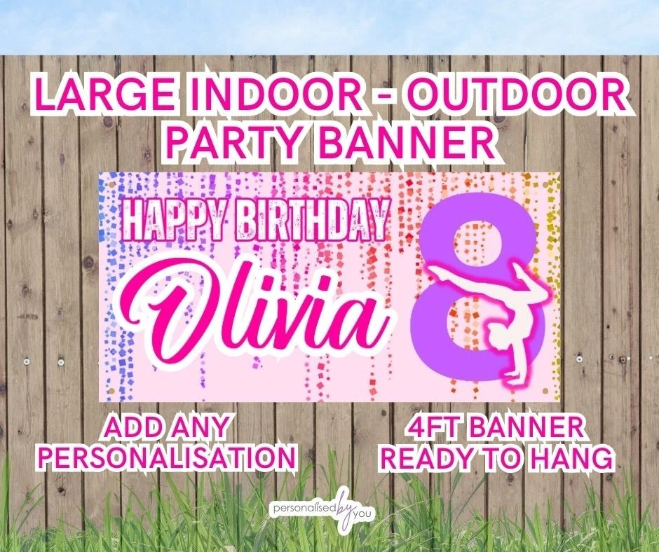 Personalised OUTDOOR Gymnastics THEME Pink Birthday Large Party Banners 4ft - Image 1 of 1