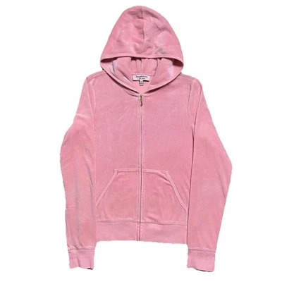 Y2K Juicy Couture 粉色连帽夹克全拉链中号复古丝绒糖天鹅绒 — 第 1/4 张图片