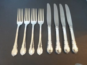 Cuatro tenedores y cuchillos de cena victorianos modernos de plata de ley de Lunt 8 piezas - Imagen 1 de 5