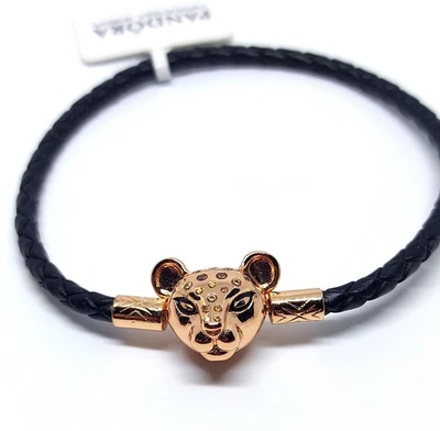 Armband Pandora Löwe rosé geflochtenes schwarzes Leder 18 cm - Bild 1 von 4
