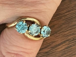 Vintage Antique 14kt Yellow Gold Claw Set Aquamarine 3 Stone Ring 1+ Carat Sz 4 - Picture 1 of 7