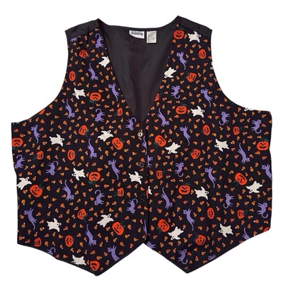 Vintage Basic Editions Halloween Vest Size 24W Pumpkins Ghost Cats Candy Corn  - Image 1 of 4
