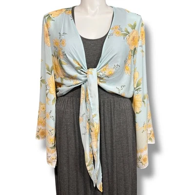 Rue+ Womens Bolero Shrug Crop Tie Front Kimono Sleeve Floral Yellow Blue 3X - Image 1 of 4
