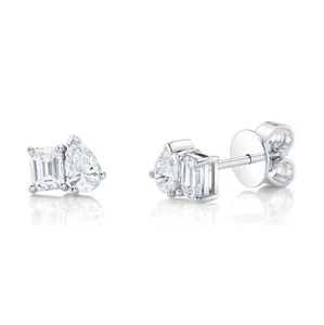 Pear and Emerald Cut Diamond Stud Earrings 14K White Gold 0.86CT Natural 2 Stone - Picture 1 of 2