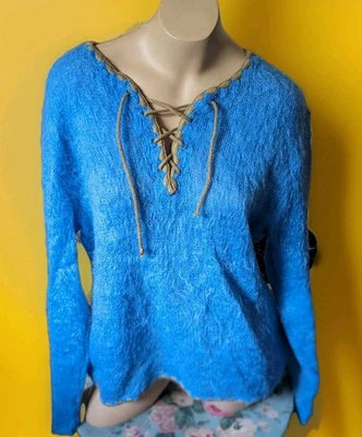 Suéter Woodstock Vintage Años 60 Guirnalda Azul Mohair Mod Corsé Con Cordones Frontales Foto 1 de 4