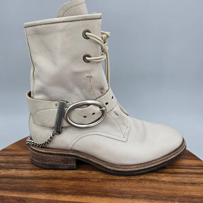 A.S. 98 Botas Mujer 7.5 38 Marfil Crema Cuero Cremallera Encaje Hebilla Moto Cadena Foto 1 de 4