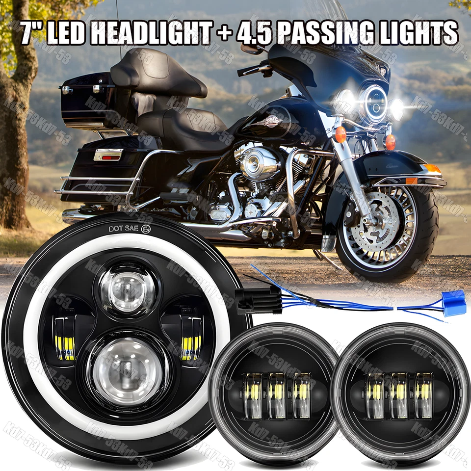 Newest For Harley Electra Glide Road King 7" LED Headlight + 4.5 Passing Light - Image 1 of 4