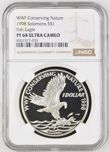 1998 SOLOMON ISLANDS SILVER 1 DOLLAR FISH & EAGLE NGC PF 68 ULTRA CAMEO - Picture 1 of 2