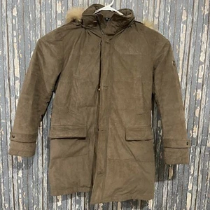 Lampo Uomo Suede Parka  Mens Size 52 Brown Hooded Fur Lined Winter - Picture 1 of 8