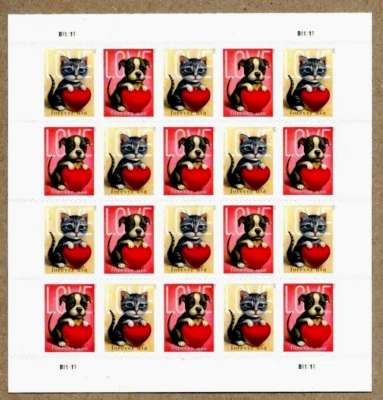 LOVE VALENTINES DAY CARDS KITTEN &PUPPY HEARTS US #5745-5746 FOREVER STAMP SHEET - Image 1 of 2