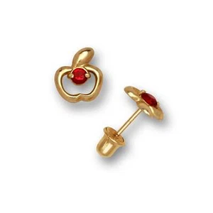 14K Yellow Gold Ruby Adorable Small Tiny Apple Shaped Studs Earrings for Girls - Picture 1 of 1