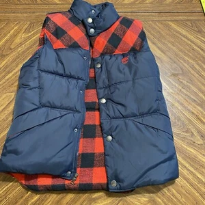 Timberland Men’s Red Buffalo Plaid Navy Blue Puffer Vest Size Medium - Picture 1 of 7