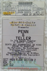 Talón de boleto usado Penn & Teller 24 de noviembre de 2003, en Rio All-Suite Hotel & Casino - Imagen 1 de 2