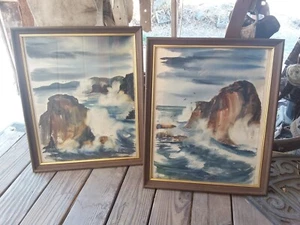 2 Vintage Framed Paintings Ocean Landscape Beach Art Coast Decor Collect Water - Picture 1 of 11