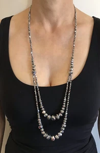 Elegant Silver Crystal Double Strand Necklace Designer - Picture 1 of 11