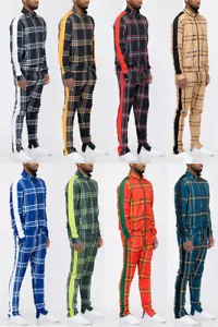 Mens Plaid Checkered Single Stripe Track Suit Active Wear Ankle Zipper Set - Picture 1 of 26