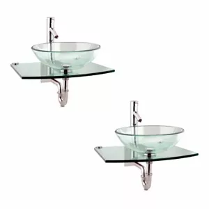 2 Unique Tempered Glass Wall Mount Vessel Sink Clear Durable Set of 2 - Picture 1 of 7