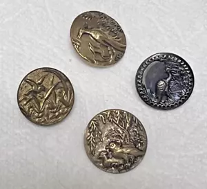 4 Antique Round Metal Picture Buttons Birds of all Styles Gold & Silver Tone - Picture 1 of 7