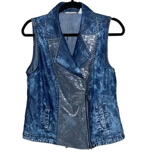 Chico’s Chambray Denim Sequin Vest Jacket | Chico’s Size 0 (XS) - Picture 1 of 9
