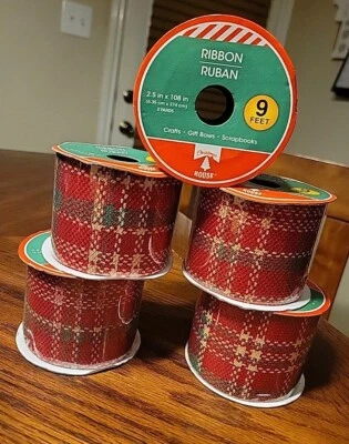 Lot of 5 Christmas House Plaid Ribbon 2.5" x 108" (3 Yards Ea.) ~ Red Green Tan - Image 1 of 2