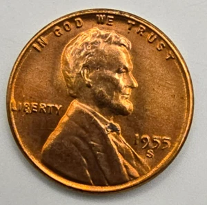 1955 S Lincoln Wheat Cent Die Chip B & E BU RD RED Die Break Error Penny - Bild 1 von 5