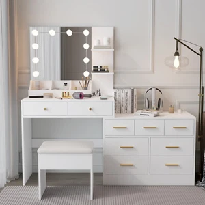 Large Vanity Desk with LED Lighted Mirror & Power Outlet Makeup Dressing Table - Picture 1 of 24