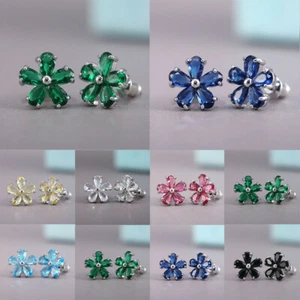 Cubic Zircon Earrings 7 Colors Women Jewelry Flower Stud Silver A Pair/set - Picture 1 of 26