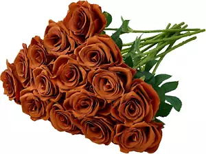 15Pcs Burnt Orange Fake Roses Artificial Silk Flowers Faux Rose Flower Long Stem - Picture 1 of 12