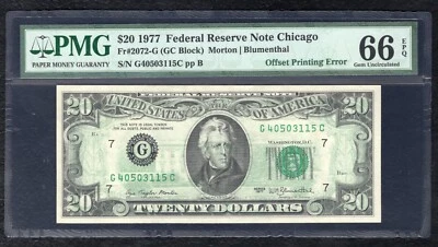 FR. 2072-G 1977 $20 FRN “OFFSET PRINTING ERROR” PMG GEM UNCIRCULATED-66EPQ - Image 1 of 2