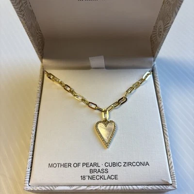 Heart Charm Cubic Zirconia Mother of Pearl Gold tone 18" Necklace. RACHEL ZOE - Image 1 of 4