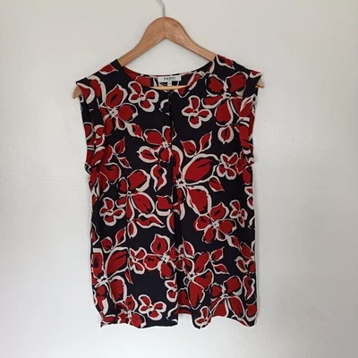 Farhi цветочный верхний размер 12 темно-красный цветочный узор без рукавов замочная скважина декольте - Изображение 1 из 4