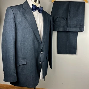 VTG Grand Entry 48R blue gray stripe Western yoke cowboy suit 41 x 28 flat pants - Picture 1 of 12