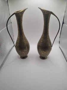 Vintage geätzter Messing Krug Ewer PAAR floral graviert Indien Boho Mid Century - Bild 1 von 10