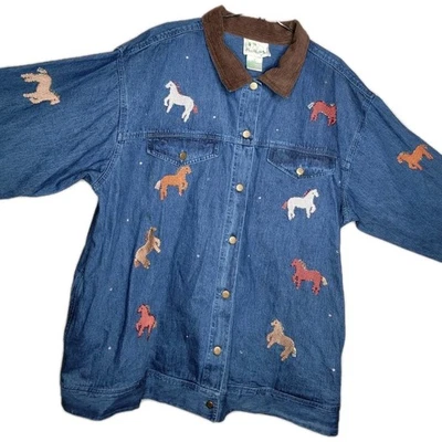 Vtg Quacker Factory Corduroy Collar Equestrian Horse Beaded Denim Plus Jacket 2X - Image 1 of 4