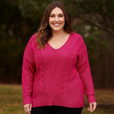 Suéter feminino Lane Bryant tamanho 18/20 colorido fúcsia gola V malha de cabo - Imagem 1 de 4
