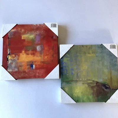 12x12" Modern Decor Canvas Print Wall Art Square Set of 2 Abstract Art Green Red Foto 1 de 4