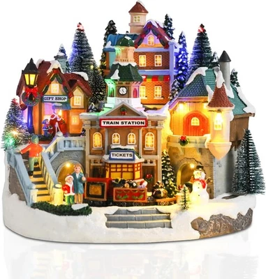 Рождественская деревня дома, освещенный музыкальный Xmas деревня железнодорожного вокзала украшение - Изображение 1 из 4