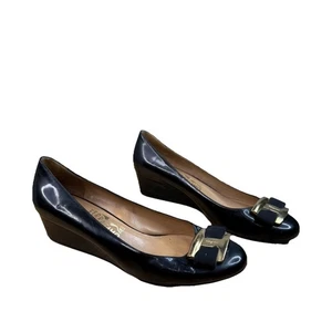 Salvatore Ferragamo Black Patent Wedge Heels Size 9.5M Vara Bow Classic - Bild 1 von 18