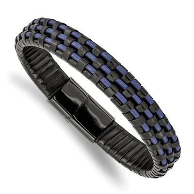 Stainless Steel Black IP-plated and Black and Blue Leather Bracelet 8.25" - Image 1 of 4
