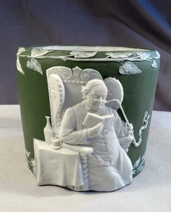 Sage Green Jasperware 5” diameter Cache Pot Of Man Smoking Pipe Reading Germany - Picture 1 of 7