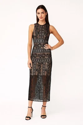 Miss Selfridge Dress Womens 2 Maxi Black Tan Floral Lace Sleeveless Open Back - Image 1 of 4