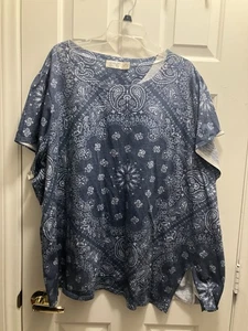 Terra & Sky Pullover Blouse Size 5X Blue Unique Print Short Sleeve - Picture 1 of 4