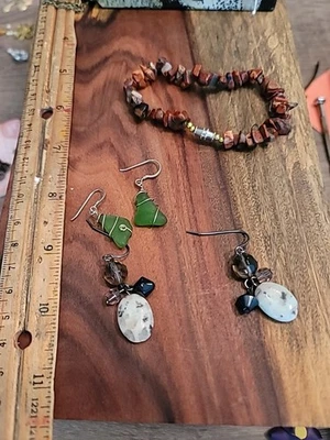 НАБОР ИЗ ЯШМЫ ЧИП БРАСЛЕТ/ЗЕЛЕНЫЙ МОРСКОЙ ТРАВЫ СЕРЬГИ/ЛУННЫЙ КАМЕНЬ СЕРЬГИ - Изображение 1 из 4