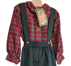 Vintage Outfit Boy 18 Mths Cotton Blend Bottle Green Red Check Shirt Overalls - Picture 1 of 15
