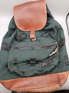 Vintage 90s Jansport Aztec Southwest Backpack Green & Brown Leather Made In USA - Picture 1 of 7