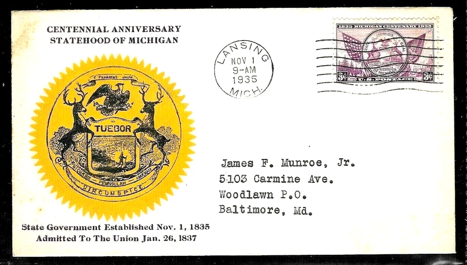 775 3c Stamp (1935) MICHIGAN STATEHOOD FDC - HUBBARD (ORANGE) PLANTY 775 - 1a - Image 1 of 1