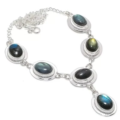 Fire Labradorite Gemstone Handmade 925 Sterling Silver Jewelry Necklace-17-18" - Image 1 of 4